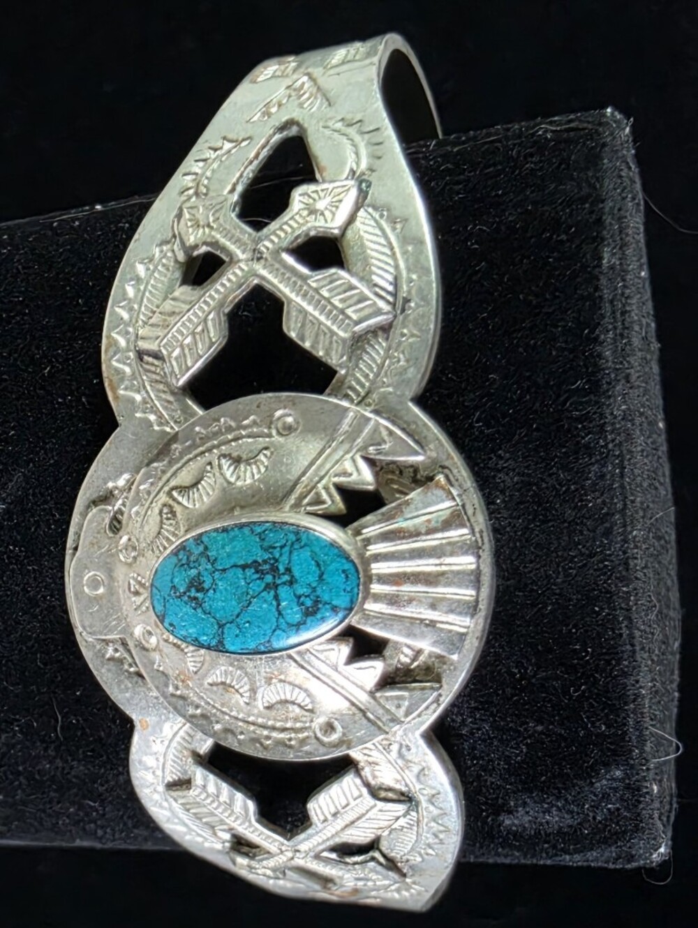 Vintage Nickel Silver Turquoise Statement Cuff Bracelet - Turquoise - Picture 7 of 10